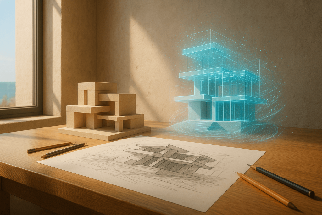 Imagen creada por MOMP en chat GPT de Planos de arquitectura inteligencia artificial
