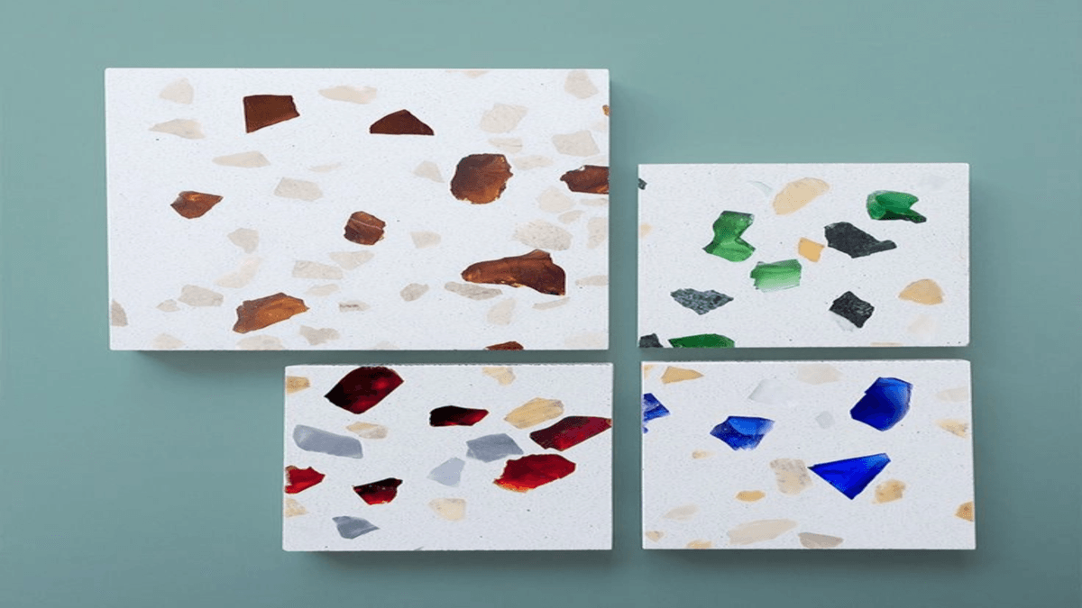 Imagen de un mosaico de vidrio reciclado expandido, ideal para decoración e interiorismo.