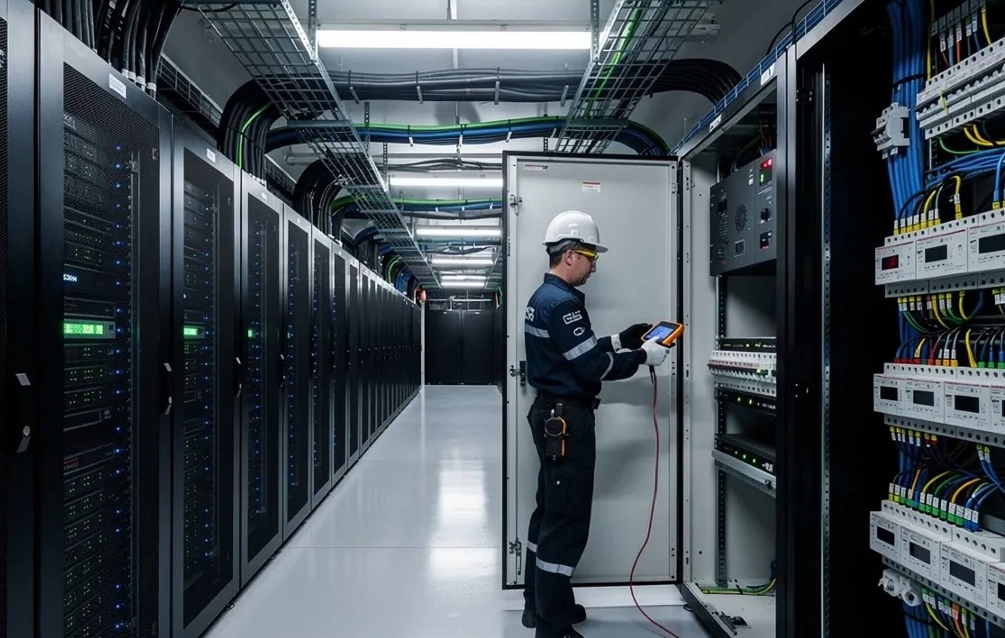 Imagen de un operario atendiendo uno de los servidores del data center